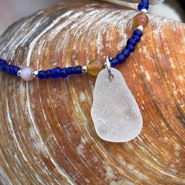 Seaglass necklace with dark blue seed beads and mixed agate