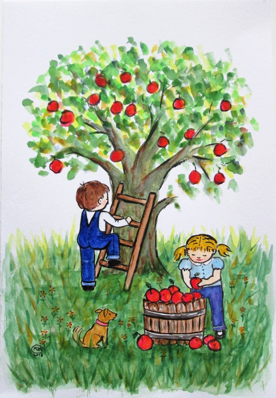 Apple Harvest. Children at Play. Original painting