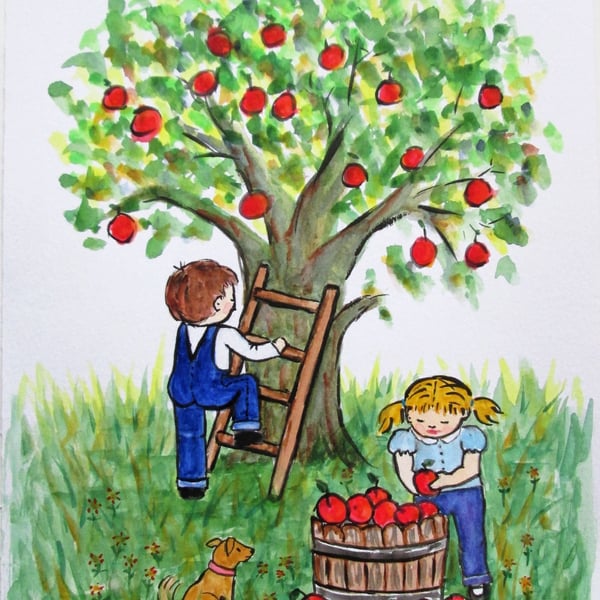 Apple Harvest. Children at Play. Original painting