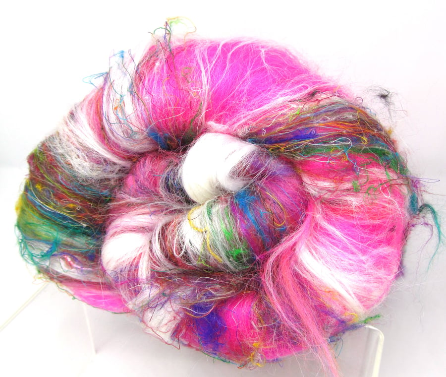 Carded Batt Wild Rose Garden Dyed fine Merino Wool & Silk Blend 100g