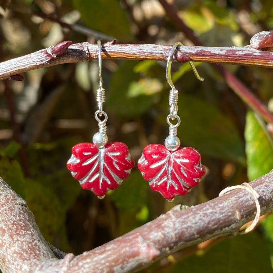 Deep Red Leaf & Sterling Silver Drop Earrings