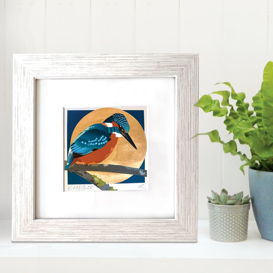 Kingfisher Strawberry Moon - Hand Embellished Framed Print with Rose Gold Leaf