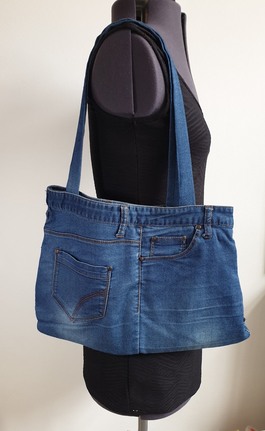 Soft blue denim, recycled jeans, shoulder bag