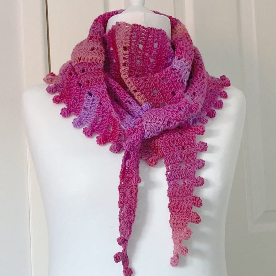 Crocheted Colours of Sunset Scarf with a Bobble Edging 