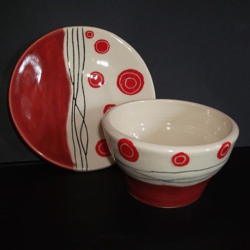 Little red spotted ceramic plate and bowl set - Folksy