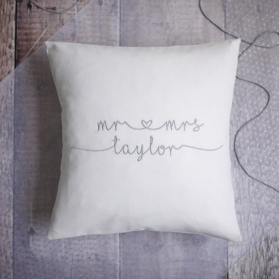 personalised mr & mrs cushion, wedding gift, personalised embroidered cushion
