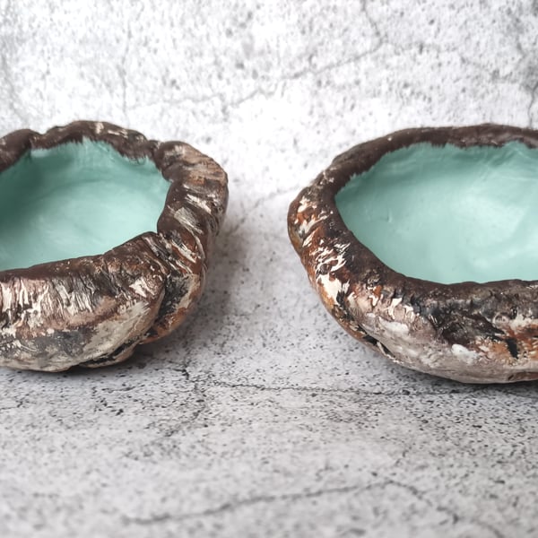 Clay Silver Birch Bark Bowls, Spring Green, Rustic Offering Bowls, Wabi Sabi