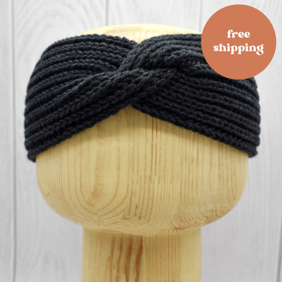 SOLD - Hand Knitted headband ear warmers in black wool adult XS