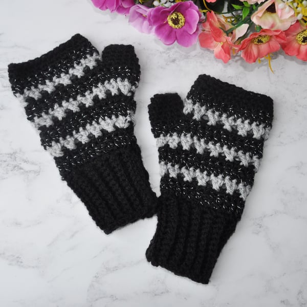 Hand Crochet Fingerless Gloves Mittens Mitts Black Grey Silver Free Post