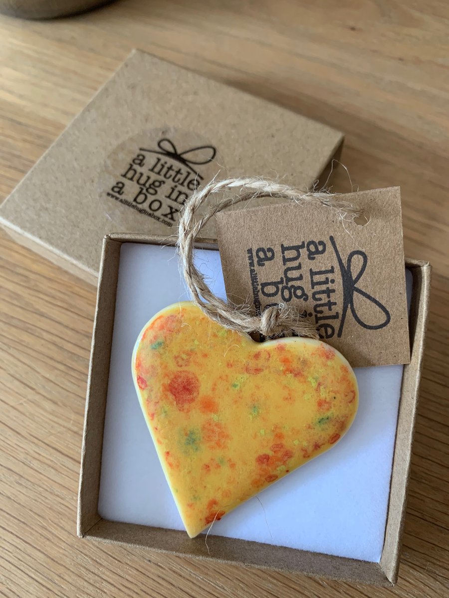  A Little Hug in a Box Hand Made Golden Yellow Speckled Porcelain Heart  