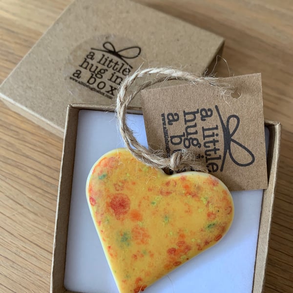  A Little Hug in a Box Hand Made Golden Yellow Speckled Porcelain Heart  