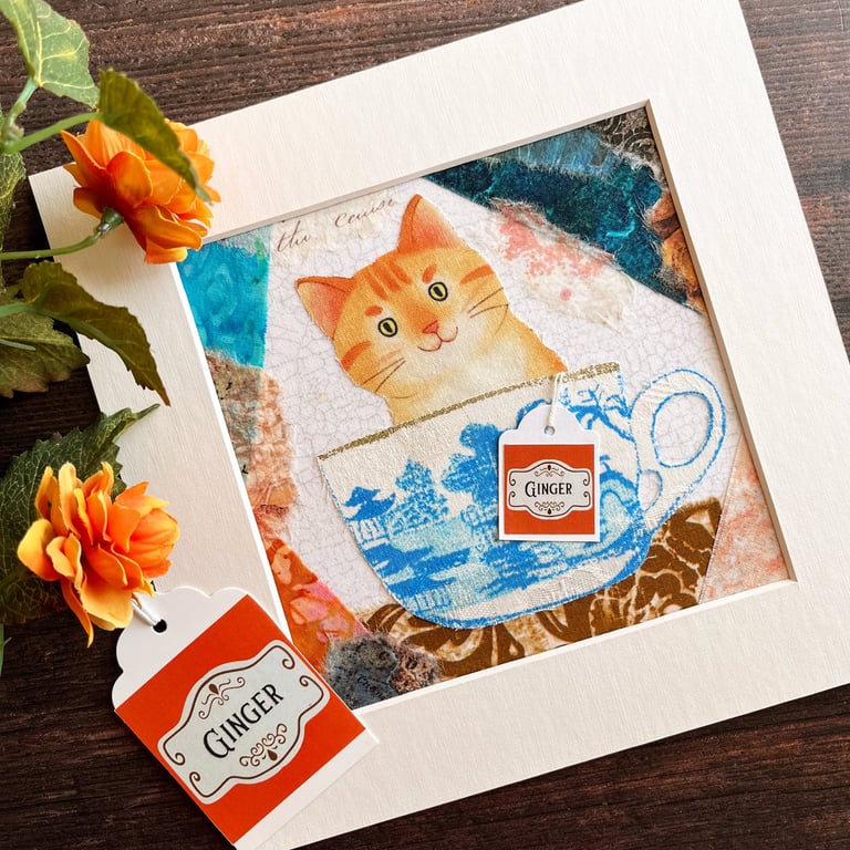 Mixed media cat artwork, ginger tabby collage, gift for cat lover