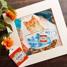 Mixed media cat artwork, ginger tabby collage, gift for cat lover