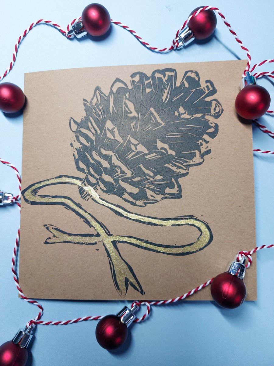 Pinecone Linocut Blank Christmas card
