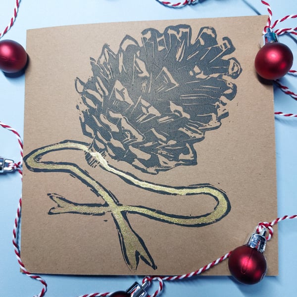 Pinecone Linocut Blank Christmas card