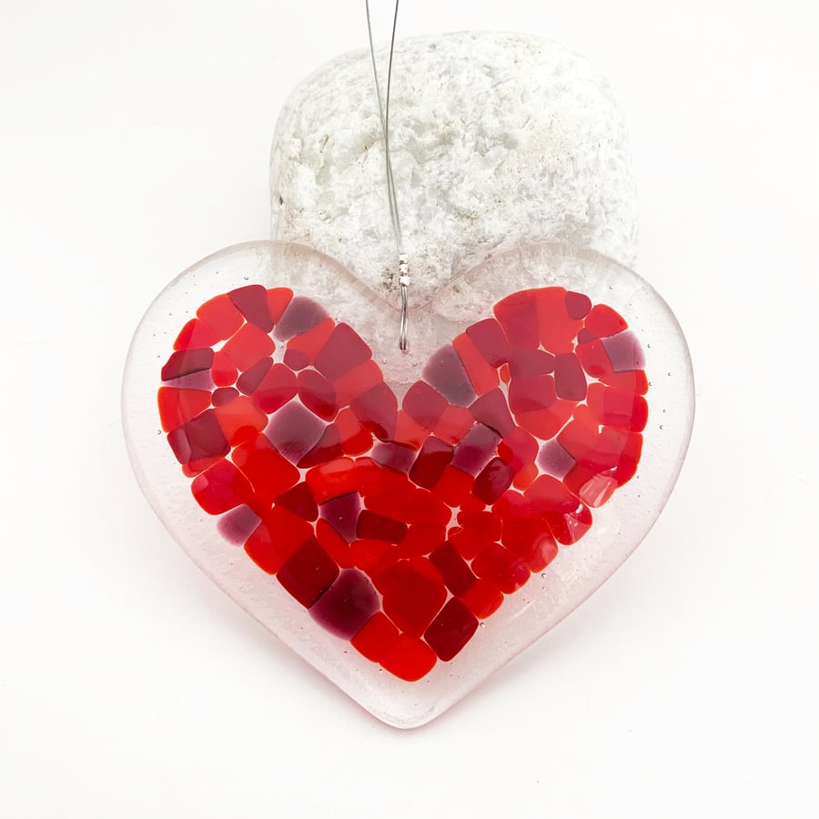 Seconds Sale - Fused Glass Heart Hanging (Reds) 