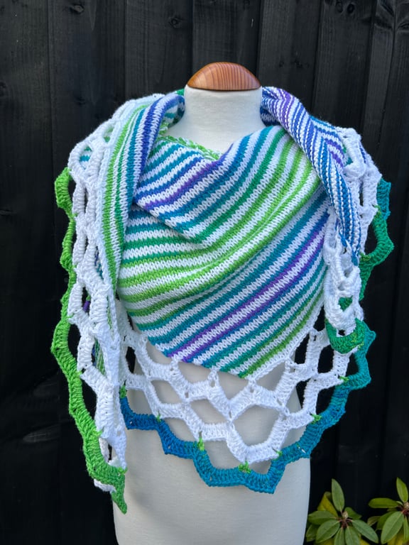 Summer Breeze Vegan yarn stripes and scallops asymmetrical shawl wrap 
