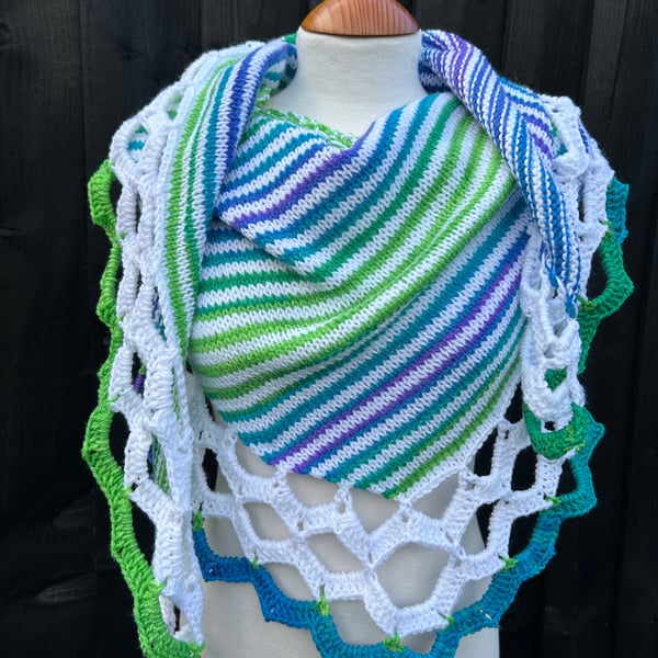 Summer Breeze Vegan yarn stripes and scallops asymmetrical shawl wrap 