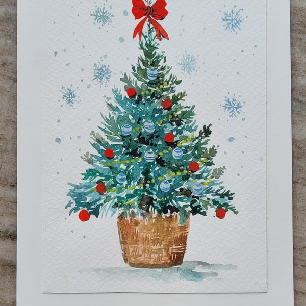 Original watercolor greeting card, Christmas tree, Unique, keepsake, handpainted