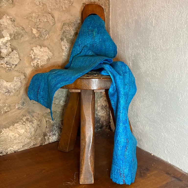 Felted merino wool scarf with multicoloured silk fibre embellishment, turquoise