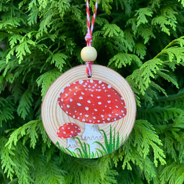 Mushroom Hand Painted Wood Slice Decoration, Fly Agaric Mushroom