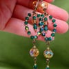 Green Beaded Long Dangle Earrings with Sparkly Crystals, Boho Vintage Style 