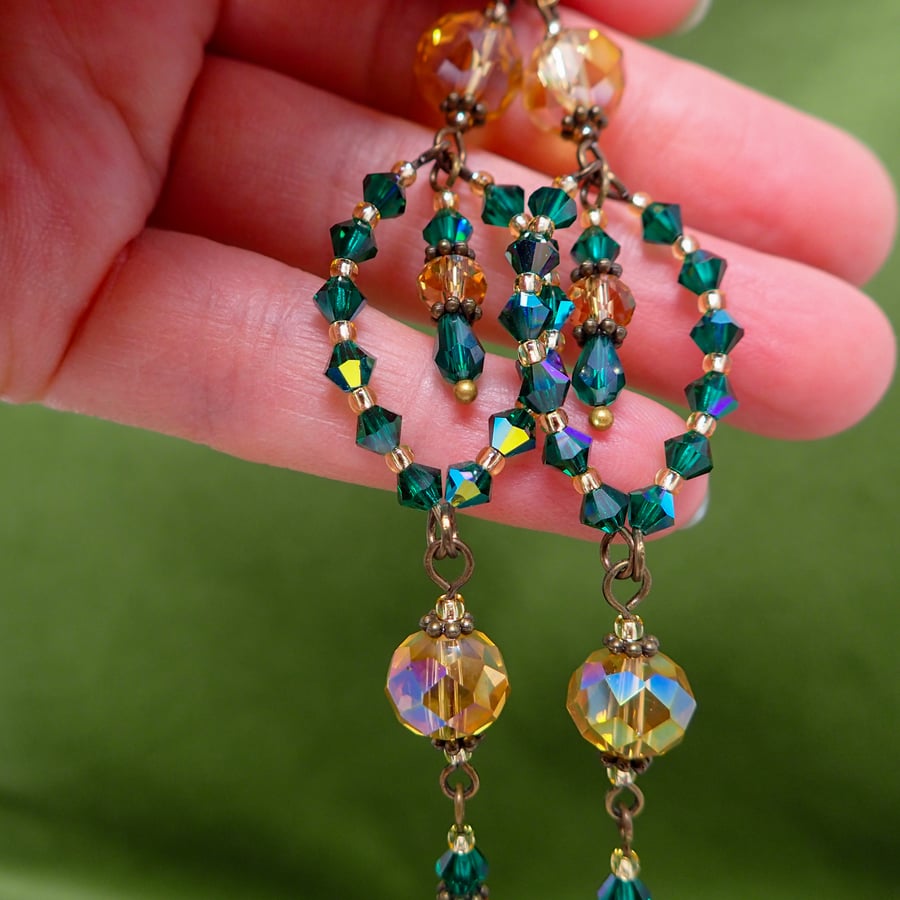 Sparkly Green Chandelier Dangle Earrings with Crystals, Boho Vintage Style 