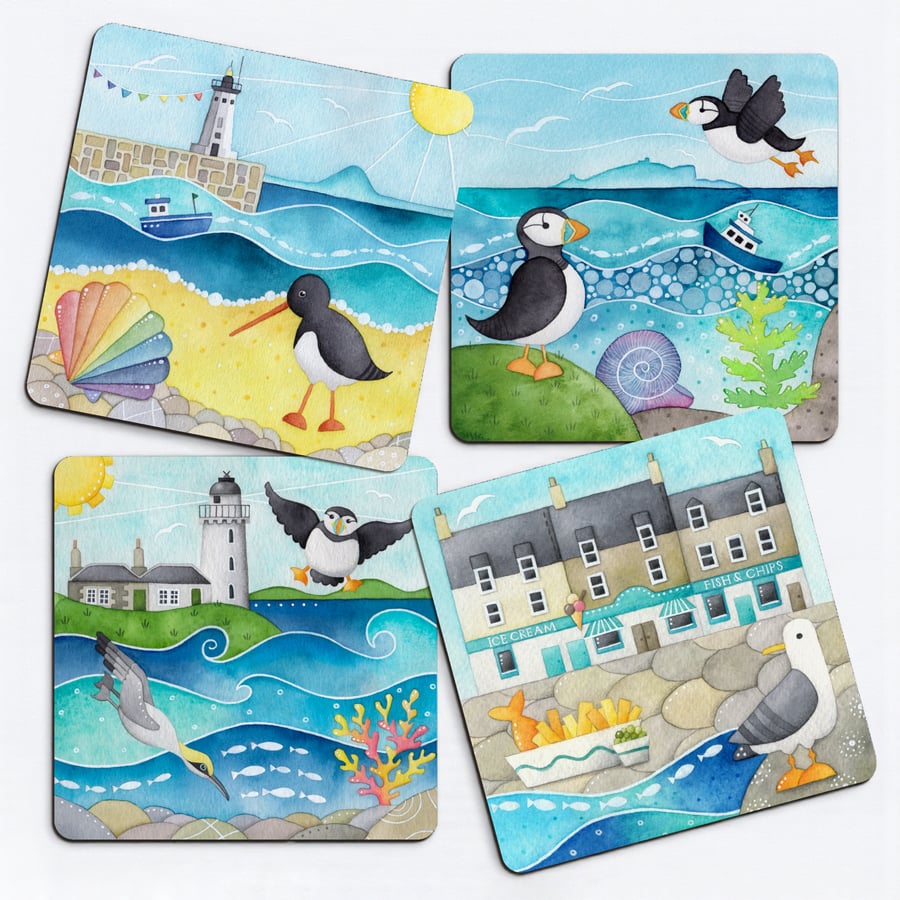 Placemats (Set of 4) Seaside Coastal Watercolour Art - Puffin, Seagull, Gannet