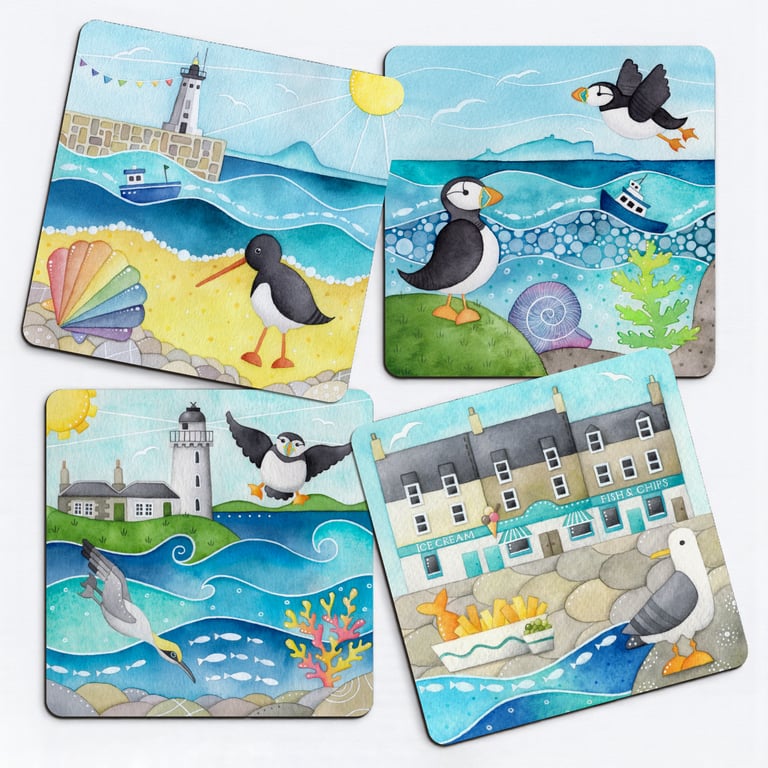Placemats (Set of 4) Seaside Coastal Watercolour Art - Puffin, Seagull, Gannet