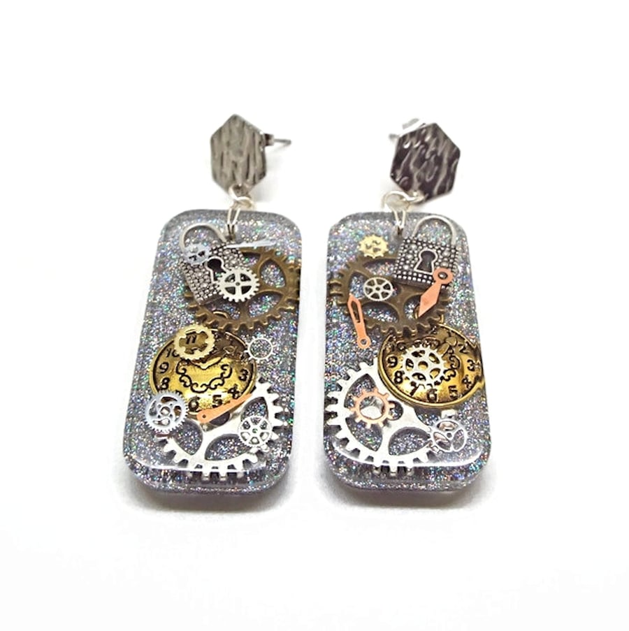 Steampunk Earrings, Handmade with Resin, Glitter and Metal Inclusions