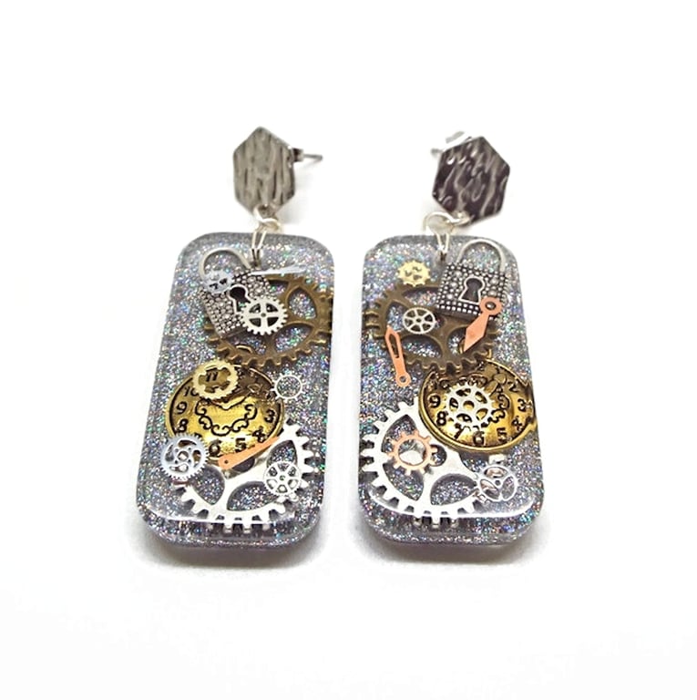 Steampunk Earrings, Handmade with Resin, Glitter and Metal Inclusions