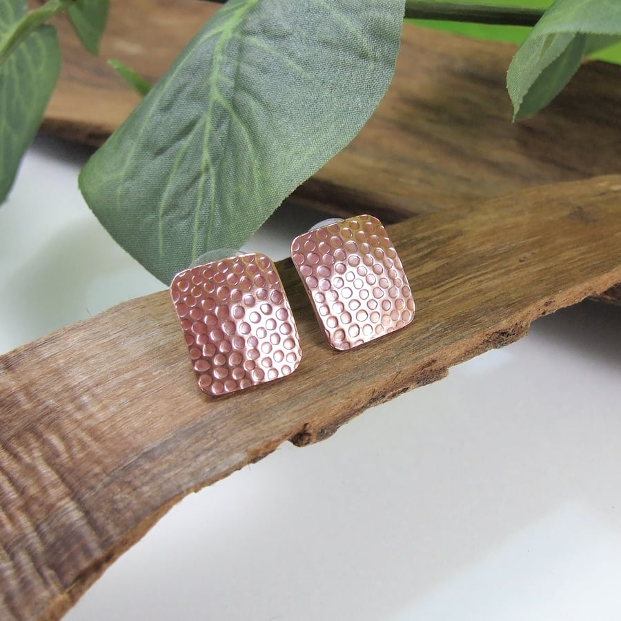 Earrings, Textured Heat Coloured Copper & Silver Large 17mm Square Stud Earrings