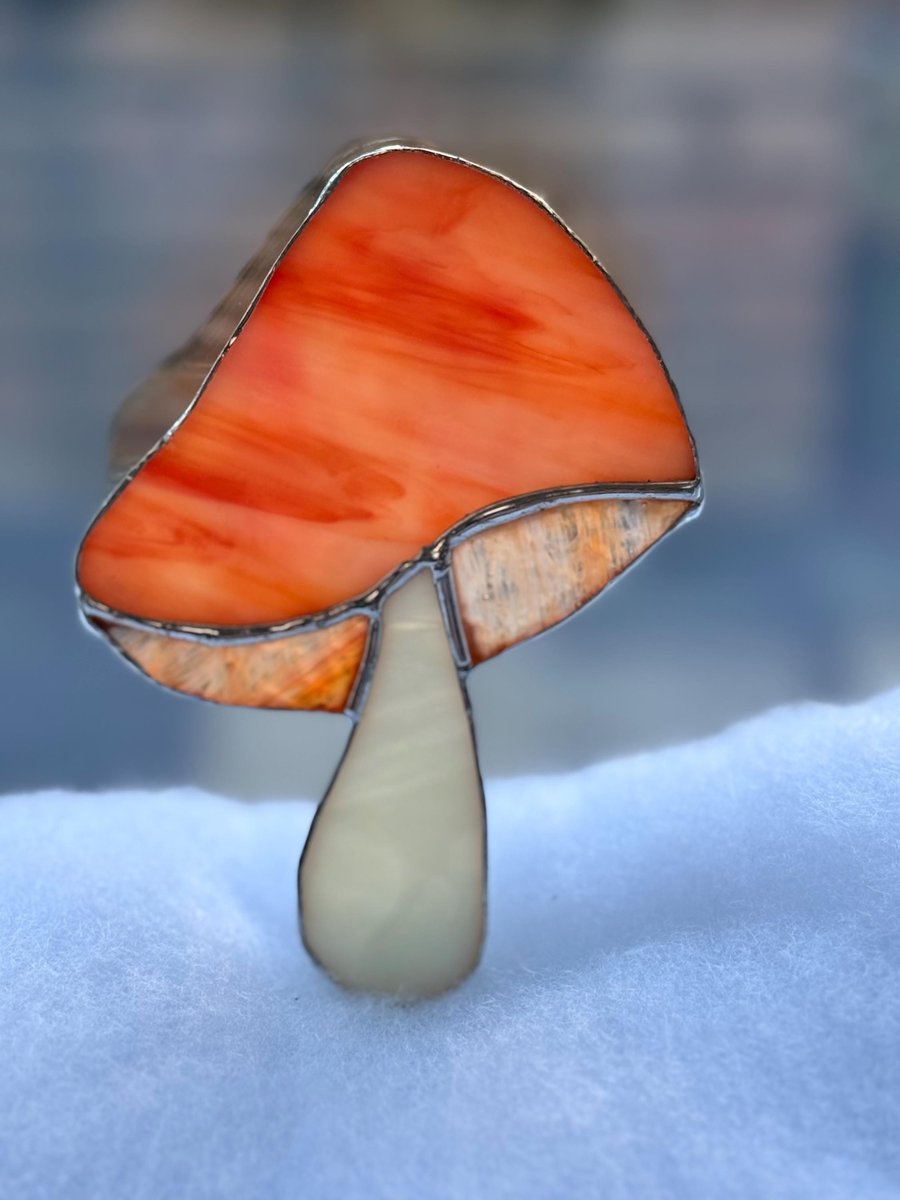 Stained glass mushroom - streaky orange opaque cap with streaked orange gills