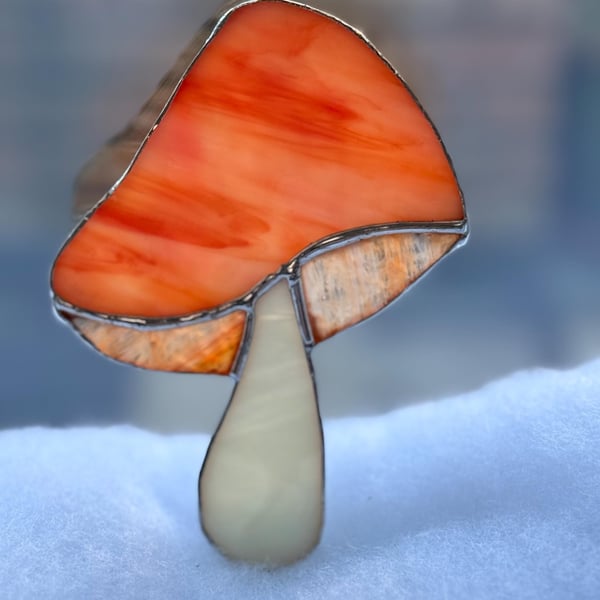 Stained glass mushroom - streaky orange opaque cap with streaked orange gills