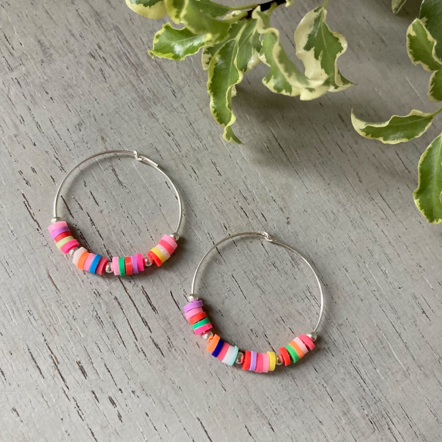 Multi-coloured, bright, Heishi Bead Hoop Earrings, sterling silver