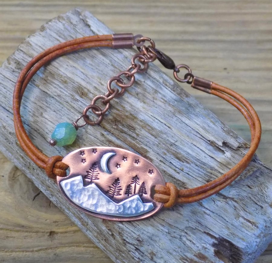 Copper and silver 'alpine forest' leather bracelet 