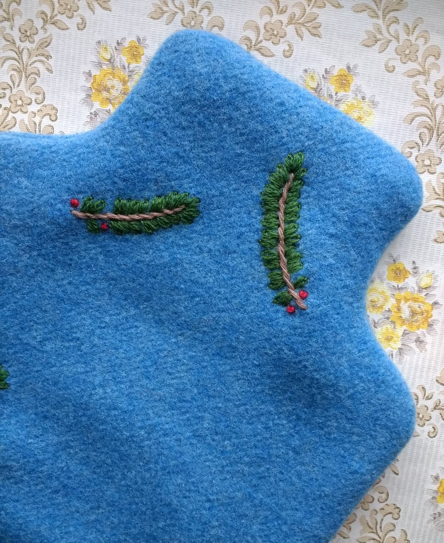 Deep Blue, Pine sprigs embroidered Hot Water Bottle Cosy