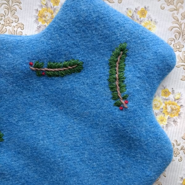Deep Blue, Pine sprigs embroidered Hot Water Bottle Cosy