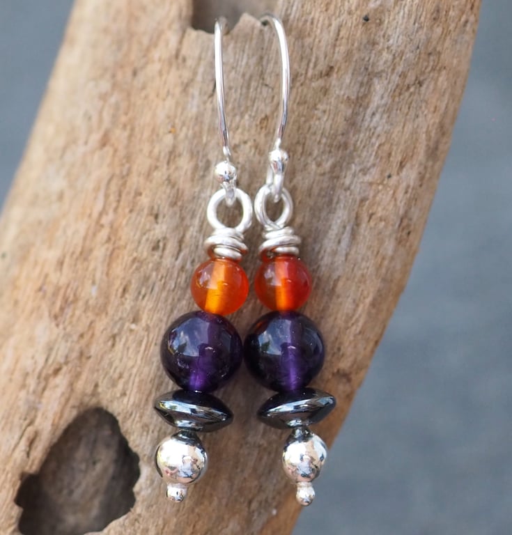 Amethyst, Carnelian and hematite, silver dangle drop earrings, handmade earrings
