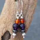 Amethyst, Carnelian and hematite, silver dangle drop earrings, handmade earrings
