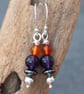 Amethyst, Carnelian and hematite, silver dangle drop earrings, handmade earrings