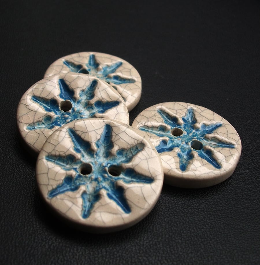 SALE set of four large Christmas crackle snowflake ceramic buttons 