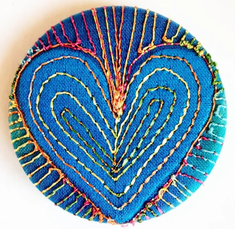 38mm Hand Dyed Fabric Heart Badge with Free Machine Embroidery 