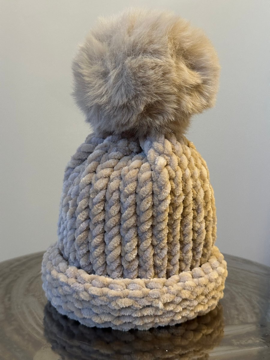 Handmade Caramel and Mink Hat with Pom Pom 