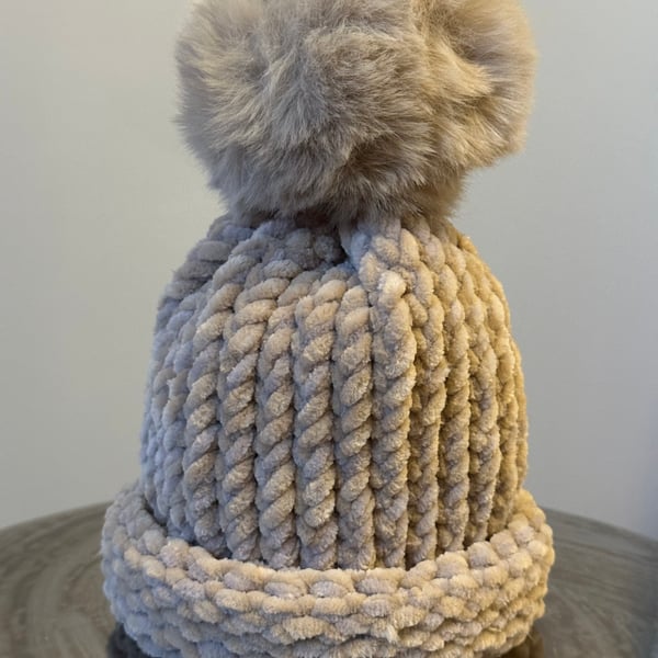 Handmade Caramel and Mink Hat with Pom Pom 