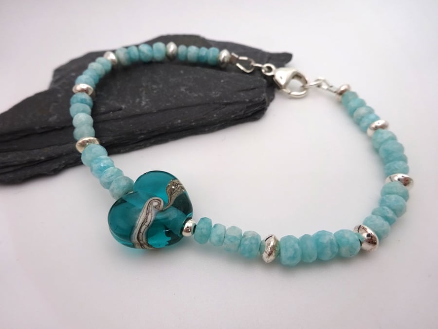 amazonite gemstone and lampwork glass heart bracelet