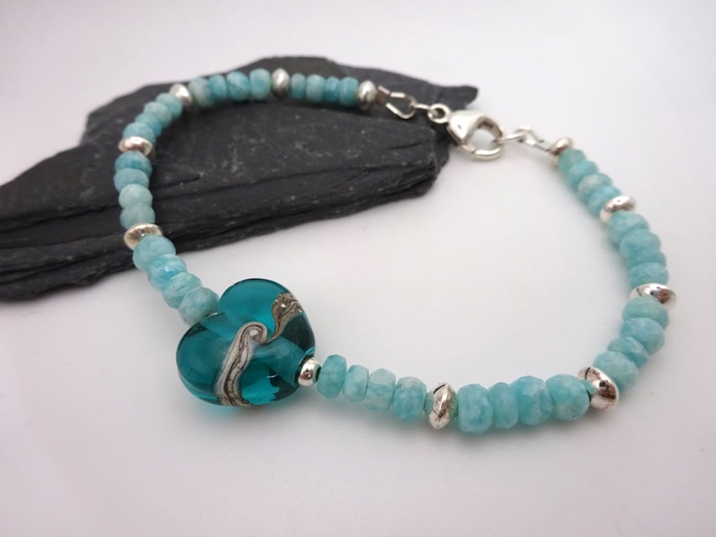 amazonite gemstone and lampwork glass heart bracelet