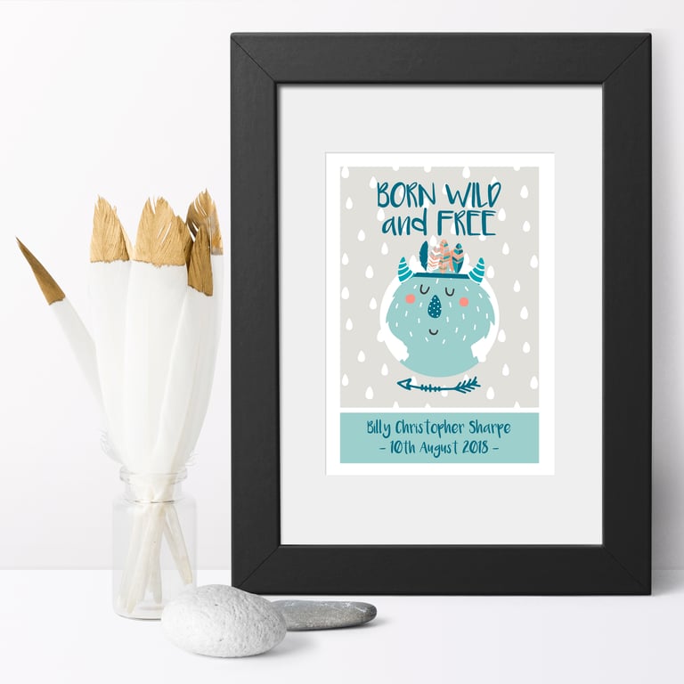 Wild & Free Personalised Art Print, baby christening gift, nursery decor