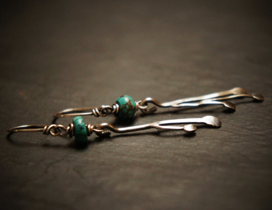 Tibetan Turquoise and Sterling Silver Forged Earrings