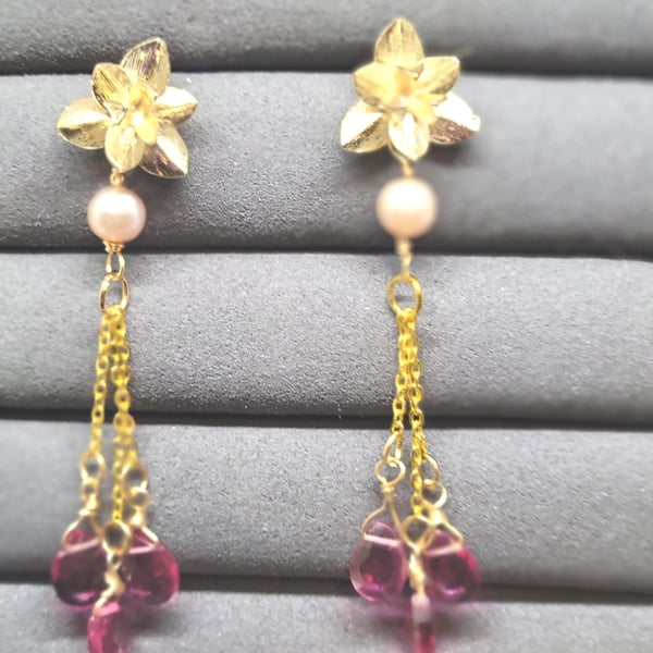 Pink Topaz Drop Earrings: Gold Orchid, Freshwater Pearl, Handmade